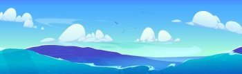 Ocean wave and blue sky with cloud vector background. Sea cartoon panoramic landscape. Sunny horizon skyline scene. Wild seaside with water splash, foam and flying birds. Ocean wave vector background, sea water landscape