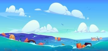 Trash floating on water surface in open sea. Vector cartoon illustration of plastic, glass bottles, rubber, paper, cardboard garbage in ocean. Environmental pollution problem. Ecology contamination. Trash floating on water surface in open sea