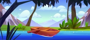 Mountain river with boat in forest vector landscape scene. Cartoon summer nature illustration with green grass, calm water, wood canoe and beautiful rocky paradise park for adventure trip near coast. Mountain river with boat in forest landscape scene