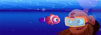 Girl diving in ocean underwater cartoon adventure. young curious undersea water diver and deep snorkeling vector background illustration. Woman swimmer head down in blue sea and meet clownfish. Girl diving in ocean underwater cartoon adventure