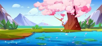 Mountain lake with old sakura tree on bank. Vector cartoon illustration of asian natural background, pink cherry blossom petals flying in air above blue river water. Spring Japanese park, birds in sky. Mountain lake with old sakura tree on bank