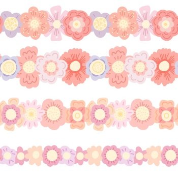 Set of gentle vector seamless border of hand drawn flowers. Collection of tender cartoon ditsy frieze. Simple pastel floral frame for card. Blossom brush sample. Set of gentle vector seamless border of hand drawn flowers. Collection of tender cartoon ditsy frieze. Simple pastel floral frame for card.