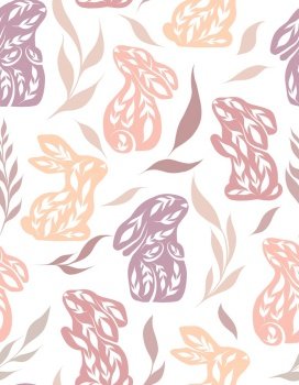 Vector seamless pattern with decorated rabbits and leaves. Texture with folk art hares and foliages in pastel colors on white background. Backdrop with ornamental bunnies for fabric and wallpaper. Vector seamless pattern with decorated rabbits and leaves. Texture with folk art hares and foliages in pastel colors on white background.