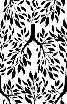 Vector monochrome seamless pattern with silhouette of human lungs from leaves and branches on white background. Clean natural air. Texture with black healthy lungs for fabric and wallpaper. Vector monochrome seamless pattern with silhouette of human lungs from leaves and branches on white background. Clean natural air.