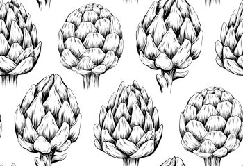 Vector monochrome pattern with a sketch of artichokes in row on a white background. Texture with drawn vegetables with hatching. Background with healthy food for tablecloths and napkins. Vector monochrome pattern with a sketch of artichokes in row on a white background. Texture with drawn vegetables with hatching.