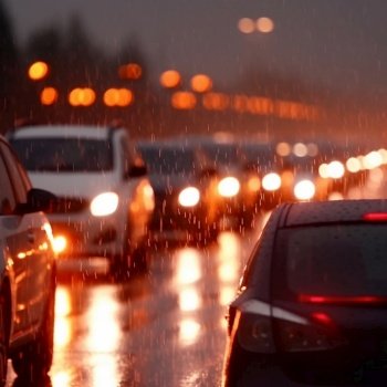 Traffic jam heavy on highway on rainy day with raindrops on car glasses. blurred background, motion blur, evening peak hour. Traffic jam heavy on highway on rainy day with raindrops on car glasses. blurred background, motion blur,