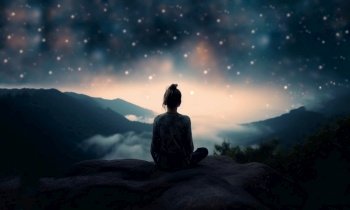 person silhouette sitting on the top of the mountain meditating or contemplating the starry night with Milky Way and Moon background yoga and meditation silhouette dreamy background beauty. person silhouette sitting on the top of the mountain meditating or contemplating the starry night with Milky Way and Moon background yoga and meditation silhouette dreamy background