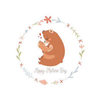 Mama bear with baby. Happy Mothers day greeting card concept.