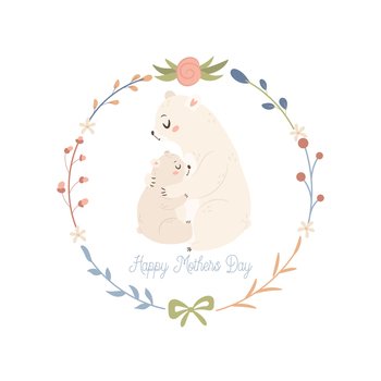 White bear Mama with baby. Happy Mothers day greeting card concept.