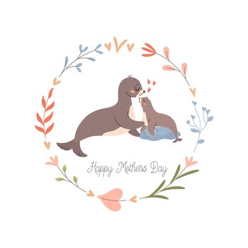 Mama Seal with baby. Happy Mothers day greeting card concept.