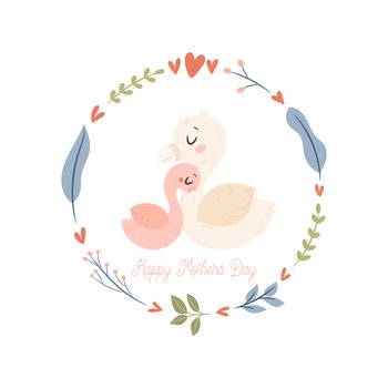 Mama Swan with baby. Happy Mothers day greeting card concept.