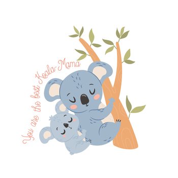 Mama Koala with baby. Happy Mothers day greeting card concept.