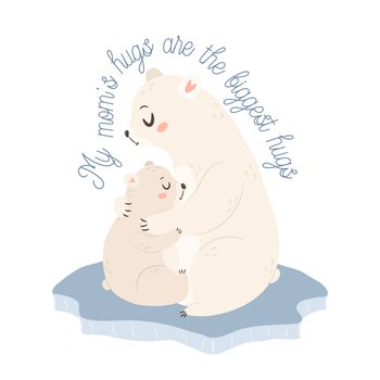 White bear Mama with baby. Happy Mothers day greeting card concept.