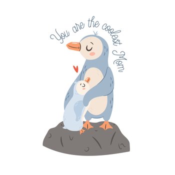Mama Penguin with baby. Happy Mothers day greeting card concept.