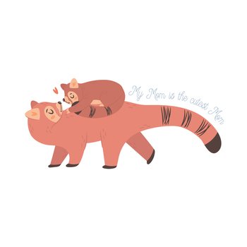 Red Panda Mama with baby. Happy Mothers day greeting card concept.