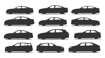 Set of black car silhouettes isolated on white background, vector illustration