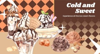 Blog banner template with sundae ice cream concept, watercolor style
