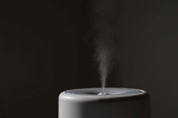 Diffuser, air purifier or humidifier releases strong stream of cold steam with essential oil at room. Aroma oil steam aromatherapy. Body health treatment. Spa and wellness.. Diffuser, air purifier or humidifier releases strong stream of cold steam with essential oil at room. Aroma oil steam aromatherapy. Body health treatment. Spa and wellness