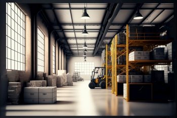 Large warehouse with staff worker , Large cargo warehouse of shelves with goods boxes in modern industry warehouse store at factory warehouse storage , Generative Ai