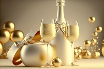 Champagne glasses with gold background , New years eve celebration background, Generative Ai