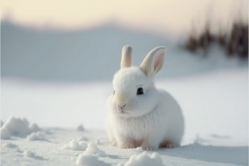 Portrait cute rabbit baby puppy playing in winter snow