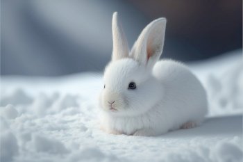 Portrait cute rabbit baby puppy playing in winter snow
