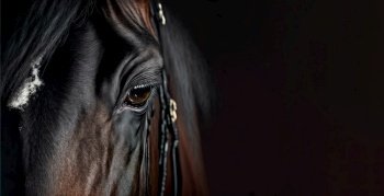 Portrait Young Black horse face isolated on black background , Generative Ai