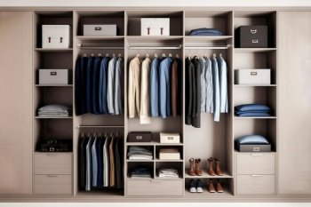 Wardrobe with male clothes for dressing room , Generative Ai