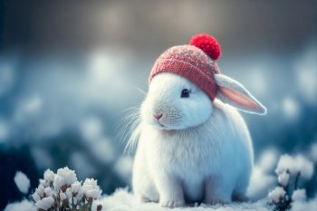 Portrait cute rabbit baby puppy with hat playing in winter snow