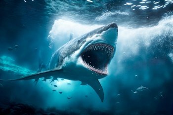 The big great white shark attack in underwater sea , Generative Ai
