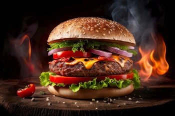 Grilled beef angus burger with cheese , Hamburger with grilled beef and vegetables , Generative Ai