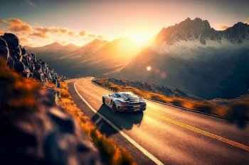 Sport car on the road in mountain , Generative Ai