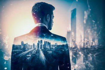 Double exposure business man standing back with cityscape in office skyscraper , Concept of leadership in business , Generative Ai