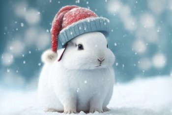 Portrait cute rabbit baby puppy with red hat playing in winter snow