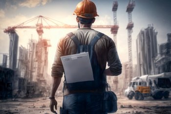 Rear view of construction worker , construction site and building background, Generate Ai