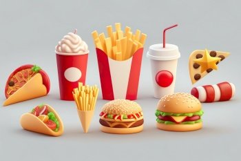 3d render , Fast food set hamburger , fries potatoes, pizza , soft drink , Generative Ai 