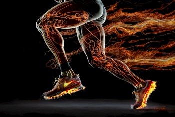 Sport Runner , Side profile view of sporty energetic serious healthy dynamic , Side view of a jogger legs with the power in the veins isolated , Generate AI