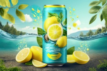 Soft drink advertisement with sparkling water lemons on tropical background , Fresh energetic drink for healthy , Generate Ai