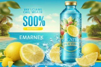 Soft drink advertisement with sparkling water lemons on tropical background , Fresh energetic drink for healthy , Generate Ai
