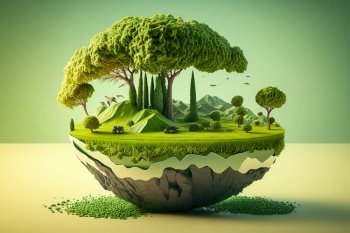 3D land with mountain isolated , Piece of earth land green field , Generate AI