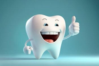 3D realistic happy white tooth , Tooth cartoon characters with thumbs up on bright background , Cleaning and whitening teeth concept, Generate Ai