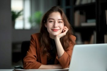 Smiling young business woman sitting armchair at desk at home office with laptop computer , Generate Ai