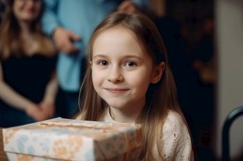 Beautiful little girl holding a gift box , Portrait child girl holding birthday gift box , Generate Ai