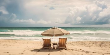 Chairs and umbrella on the beach on island vacation holiday , Beach summer relax in the sun , Generate Ai