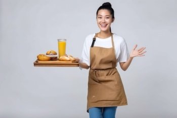 Portrait young asian waitress barista wearing invite customer to her coffee shop , Smiling waitress woman working hand hold bread and coffee drink , Generate Ai