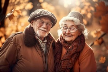 Smiling senior elderly couple happy looking at the camera , Happy portrait senior relaxing walking on a date in autumn park together , Generate Ai
