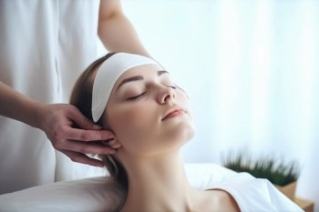 The girl with oil massage relaxes in spa salon , Beauty treatment with candles and items for spa procedures , Beautiful spa composition on massage and relax , Generate Ai
