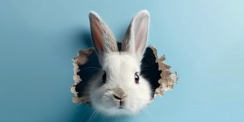 Happy Easter Day Concept , Rabbit peeking out of a hole in paper wall , Generate Ai