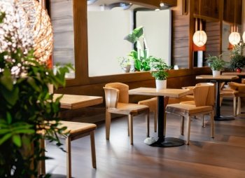 Indoor interior cozy luxury retro wooden cafe coffee shop with plants. with copy space