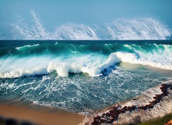 An azure wave with foam breaks on the shore.
